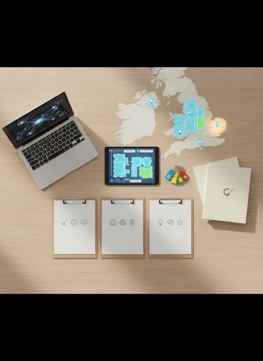 A detailed overhead view of a well-organised facilities management desk, focused on commercial cleaning coordination. On a smooth oak surface lie a digital tablet showing a floorplan with highlighted cleaning zones, a slim laptop partially open, and several clipboards with neatly arranged, icon-only checklists, no visible text. Nearby are colour-coded key tags, a small stack of branded, blank folders, and a subtle map of the UK with pins marking multiple service locations, with the Worcestershire area gently emphasised by lighting. Soft, indirect daylight from a side window creates gentle shadows and a calm, controlled atmosphere. Photographic realism, captured as a flat lay with perfectly aligned objects, expressing flexibility, national reach, and a quality-focused approach to commercial cleaning contracts without any people present.
